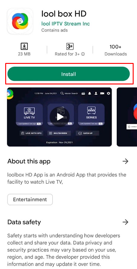 Click the Install button to install the Lool IPTV app on your device