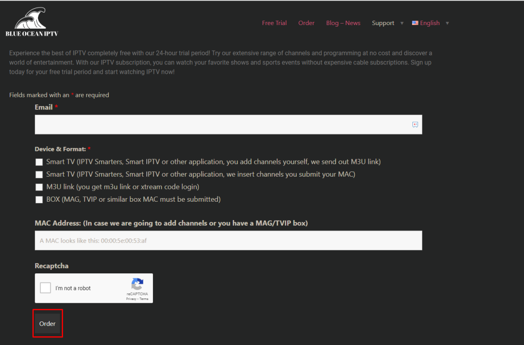 Click the Order button to subscribe to Ocean IPTV