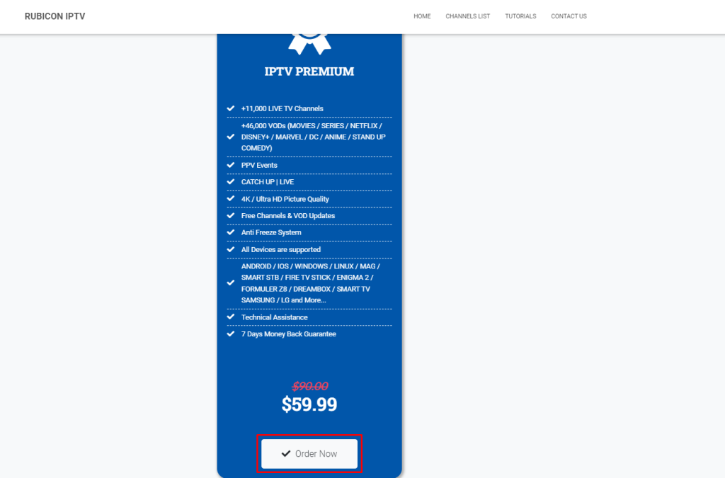 Click on Order Now to subscribe to Rubicon IPTV