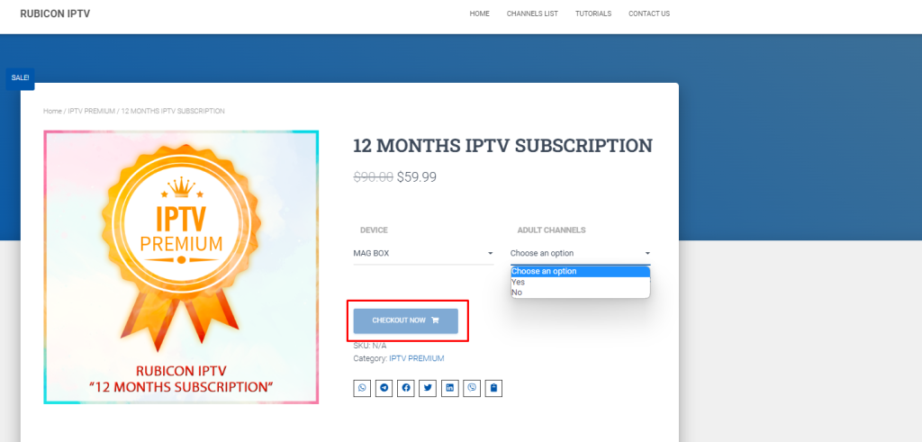 Click the Checkout button to subscribe to Rubicon IPTV