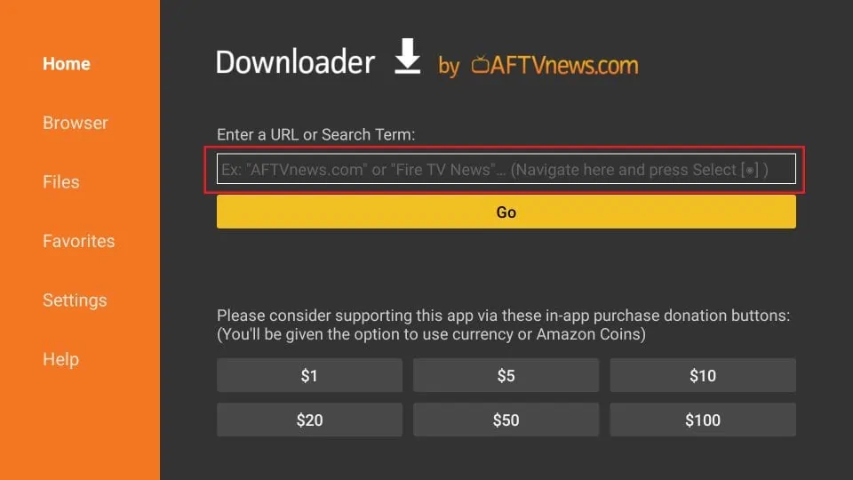 Enter Yellow IPTV APK URL in Downloader app