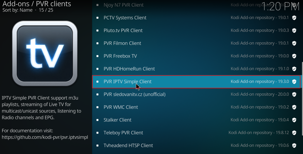 Select the PVR IPTV Simple Client