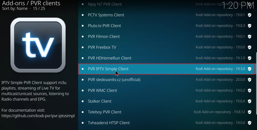 Install PVR IPTV Simple Client