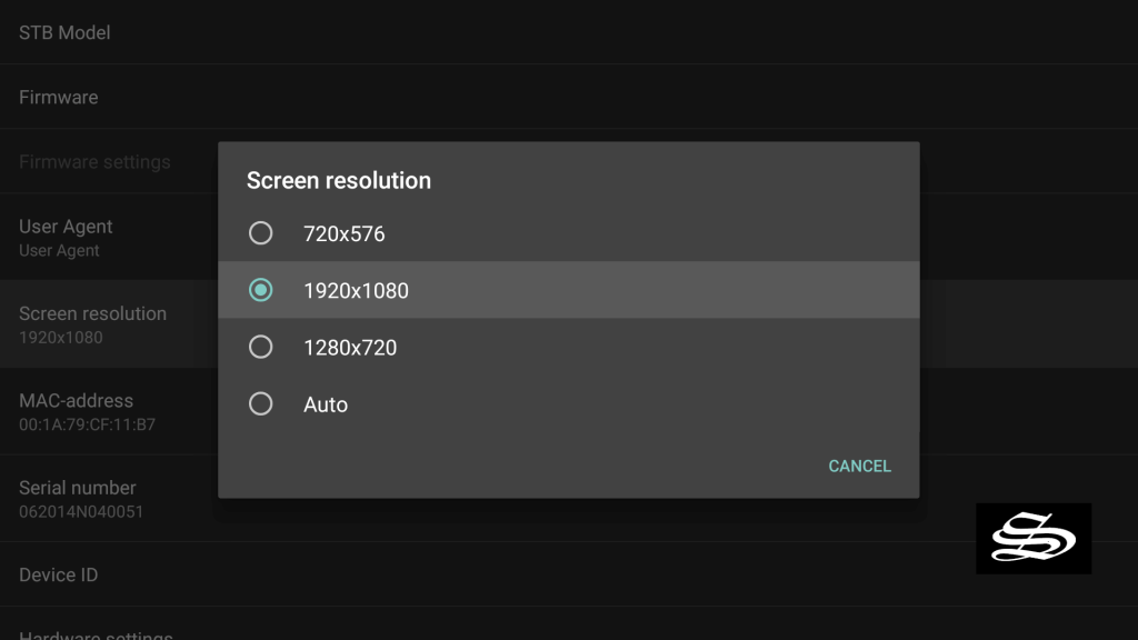 choose Screen resolution on StbEmu IPTV