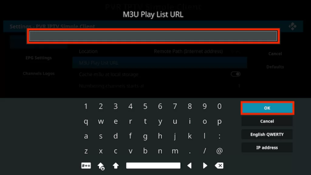 Enter the M3U playlist of Blue IPTV on Kodi