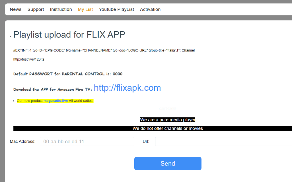 Enter Mac address and M3U URL