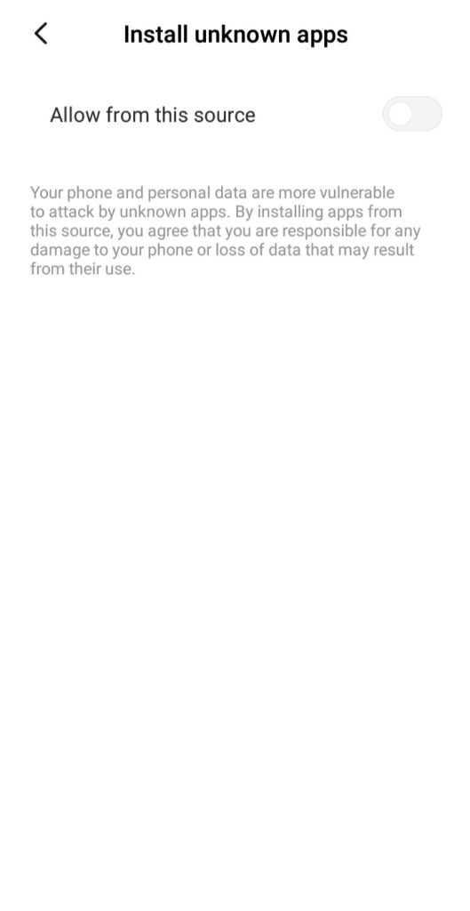 Toggle on the Install Unknown Apps option on Android device