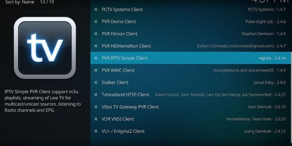 select the PVR IPTV Simple Client from the list