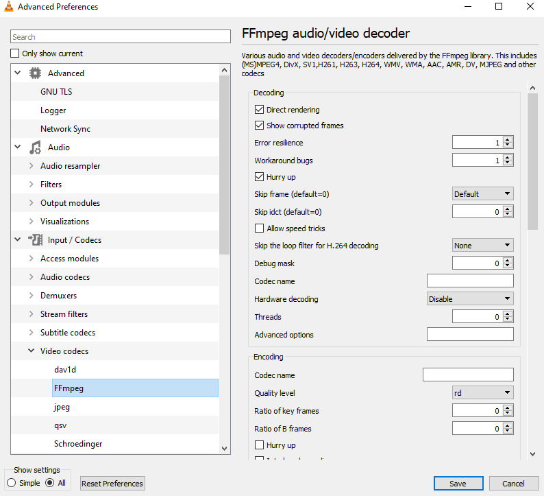 Disable Hardware Decoding of VLC Player