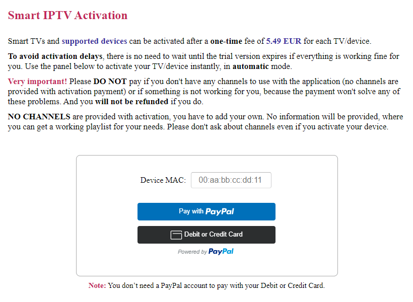 Select the payment method for the sign up of Smart IPTV