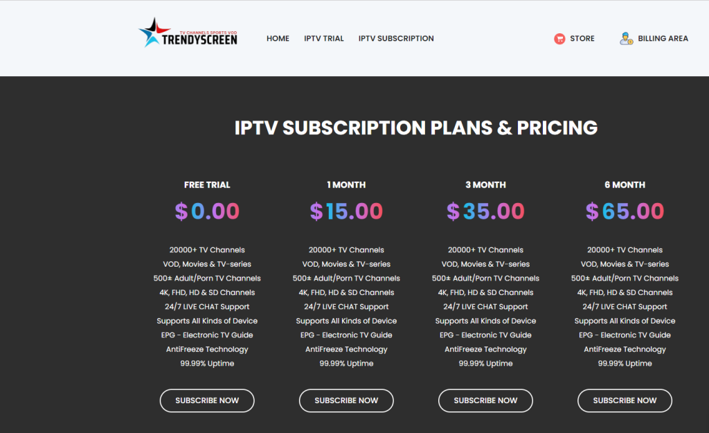 Hit the Subscribe Now option on Trendyscreen IPTV
 website