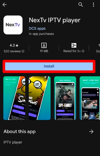 Tap on Install to get NexTv IPTV on Android