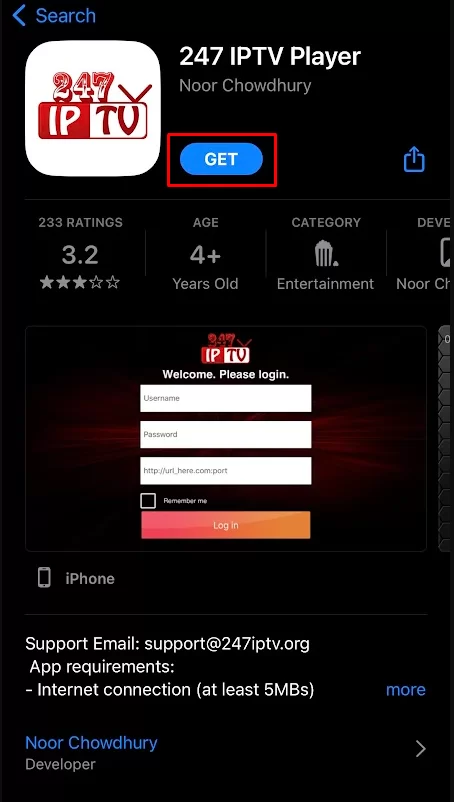 Click Get and download 247 IPTV app