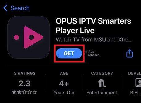 Click Get to download Opus IPTV app